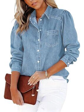 Puff Sleeve Denim Shirt for Women | Snap Button Down Long Sleeve Jean Blouse